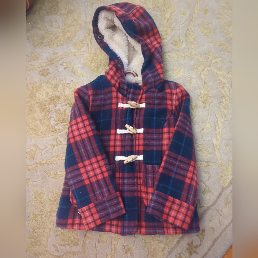 Mini Boden Red Plaid Wool Toggle Button Hooded Coat Size 5/6